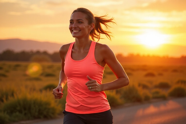 Una donna energica che fa jogging all'aperto al tramonto, con un'espressione felice e piena di vitalità.